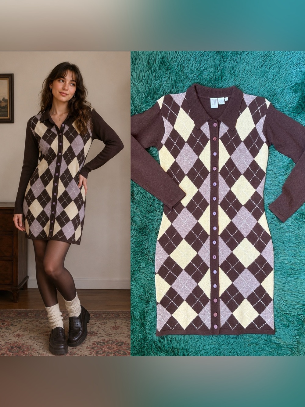 Vintage 90s/y2k XS Lambswool Argyle Print Sweater Dress